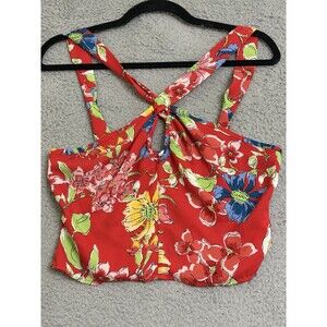 Sienna Sky Red floral Crossover Halter Smocked Cropped Tank Womens M